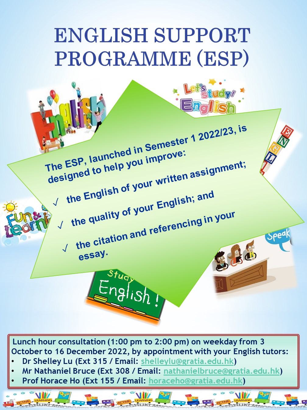 Lunch hour consultation with your English tutor via English Support Programme (ESP)   (3 October - 16 December 2022)